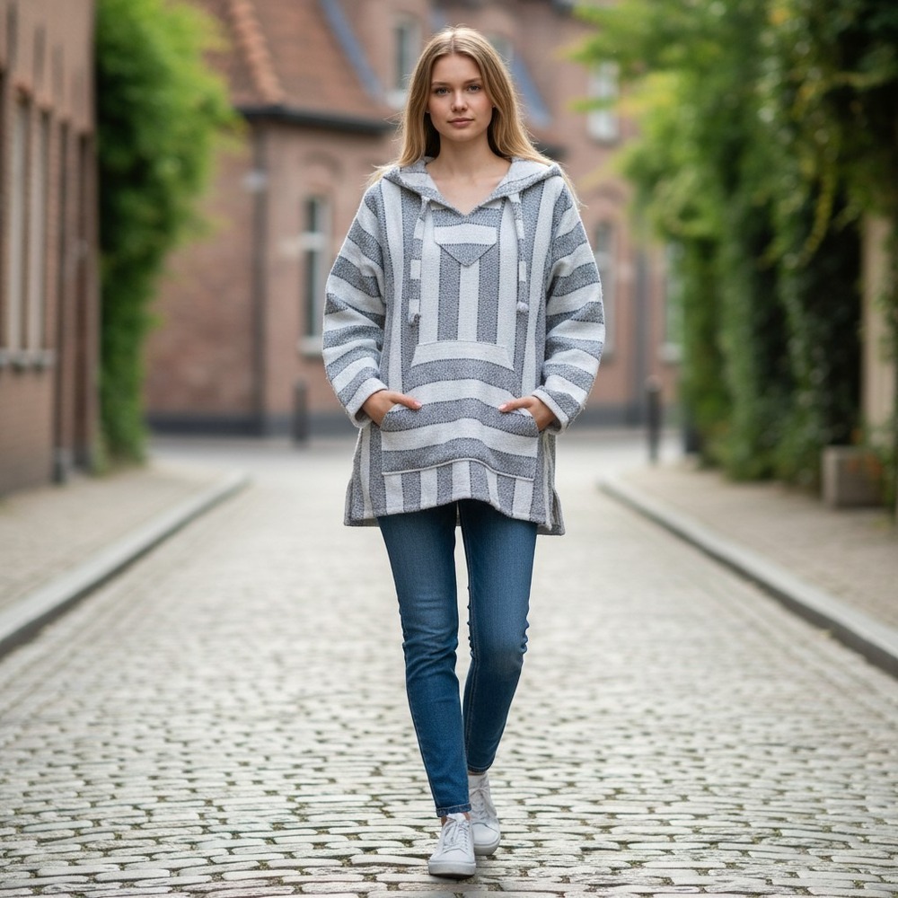 Molina Baja Hoodie Gray White Striped Mexican Pullover Hooded Sweater Size M